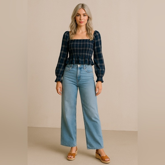 PAPER CRANE Plaid Smocked Peplum Top – Sz S NWT - Picture 3 of 5